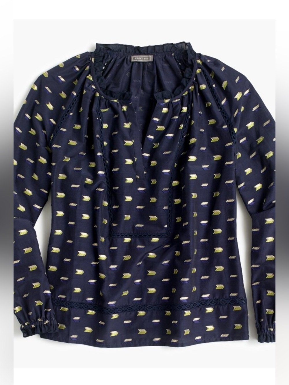 J. Crew Point Sur Navy Blouse with Yellow & Blue Arrow Motif